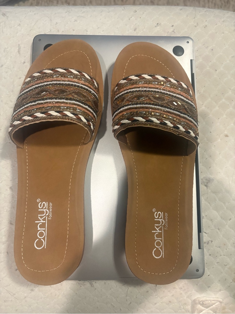 Corkys Tan and Gold Beaded Braided Slide Mules